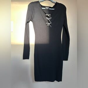 Elegant Black Long Sleeve Dress with Lace-Up Front